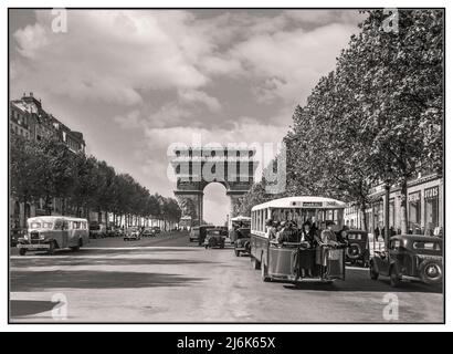 PARIS Vintage 1930's retro Paris 1936 Arc de Triomphe and traffic on the Champs-Elysees including Parisian Autobus and people wearing the styles and fashion of the day. Pre WW2 Buses street scene archive French B&W Photographer Willem van de Poll Stock Photo