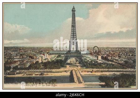 PARIS (XVe) 1900s Vintage Retro Eiffel Tower and River Seine Tourist Old Postcard View 'La Tour Eiffel' Paris France Landscape Aerial View Historic Old Paris Illustration Stock Photo