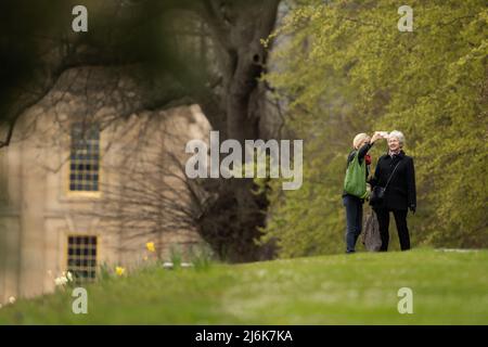 Garden holiday selfie. Couple taking a cellphone selfie, Chatsworth House, Derbyshire, UK Stock Photo