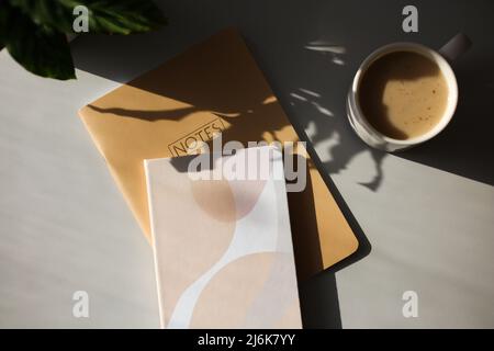 Elegant feminine workspace with notebooks, cup of coffee, plant on table in sunshine. Flat lay, top view. Stock Photo