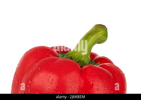 Close-up of water drops on the top of a sweet pepper pod on a white background. Healthy eating. Stock Photo