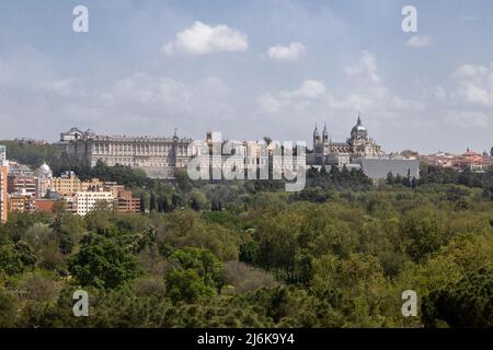 Views from the Cable car or Teleferico in Madrid. Giving clients awesome views over the skyline. The Royal palace and Almudena cathedral can be seen Stock Photo