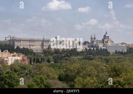 Views from the Cable car or Teleferico in Madrid. Giving clients awesome views over the skyline. The Royal palace and Almudena cathedral can be seen Stock Photo