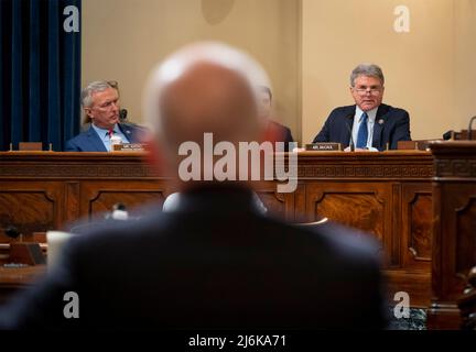 Washington, United States of America. 27 April, 2022. U.S Rep. Michael McCaul of Texas, right, questions Homeland Security Secretary Alejandro Mayorkas during testimony at the House Committee on Appropriations, on Capitol Hill April 28, 2022 in Washington, D.C.  Credit: Benjamin Applebaum/DHS Photo/Alamy Live News Stock Photo