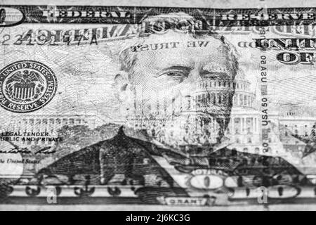 fragment of 50 dollar banknote with visible details of banknote reverse for design purpose Stock Photo