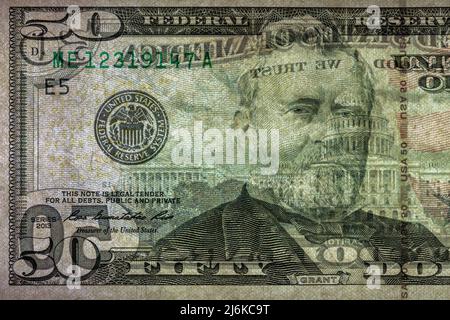 fragment of 50 dollar banknote with visible details of banknote reverse for design purpose Stock Photo