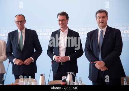 from left: Friedrich MERZ, CDU chairman, Hendrik WUEST, Wust, CDU, Prime Minister of North Rhine-Westphalia, Markus SOEDER, Soder, CSU chairman and Bavarian Prime Minister, Presidium retreat of CDU and CSU and Flora Koeln, May 2nd, 2022, Stock Photo