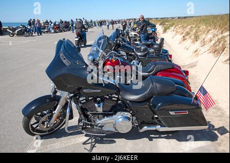 Blessing of the Bikes - West Dennis Beach (Cape Cod). A row of bikes. A Blue Knights event Stock Photo