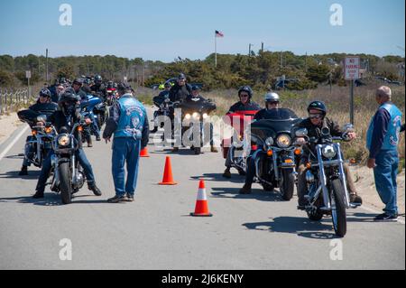 Blessing of the Bikes - West Dennis Beach (Cape Cod). Biked arriving for the event Stock Photo
