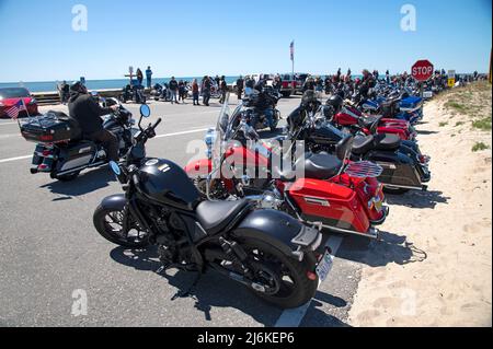 Blessing of the Bikes - West Dennis Beach (Cape Cod). Bikes lined up for the event Stock Photo