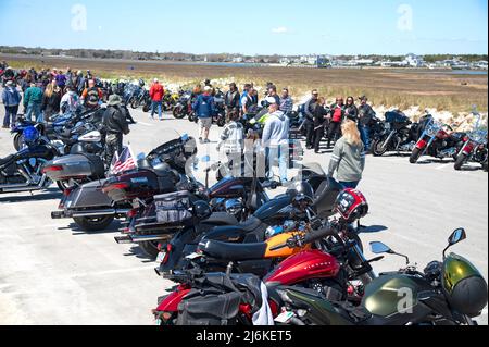 Blessing of the Bikes - West Dennis Beach (Cape Cod). Bikes and bikers lined up for the event Stock Photo