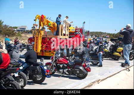 Blessing of the Bikes- West Dennis Beach (Cape Cod). Sponsored by the Bue Knights of Massachusetts Stock Photo
