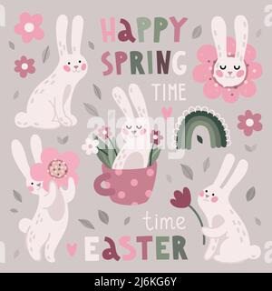 Bunny spring easter set Stock Vector