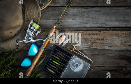 Fishing tackle background. Trout stream fishing Stock Photo - Alamy
