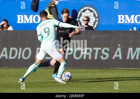 April 30, 2022: CF Montreal midfielder Lassi Lappalainen (21) against Atlanta United midfielder Matheus Rossetto (9) during the MLS match between Atlanta United and CF Montreal held at Saputo Stadium in Montreal, Quebec. Daniel Lea/CSM Stock Photo