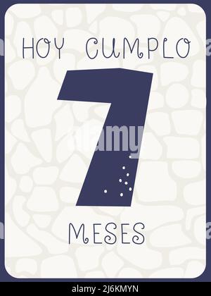 Greeting card for a baby's birthday in Spanish. Today I am 7 months old. Vector illustration in monochrome pastel colors. Stock Vector