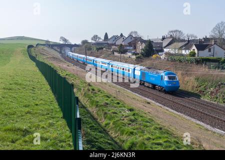 The Locomotive Services Blue Pullman luxury dining train on the west coast mainline it is a converted Intercity 125. Stock Photo