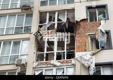 Aftermath Russian aggression. Missile bombed civilian shelling rocket strike missile attack Russia bombed building hitting missile destroyed building Stock Photo