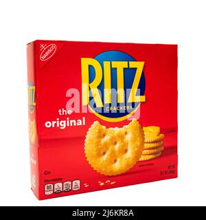 A bright red box of the original Ritz Crackers by Nabisco, isolated on white Stock Photo
