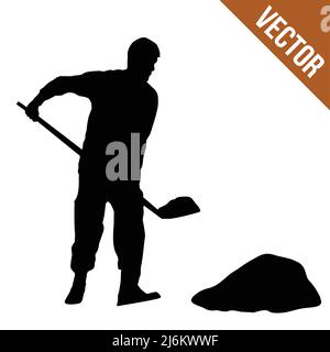 Silhouette of a man digging with a shovel on white background, vector illustration Stock Vector