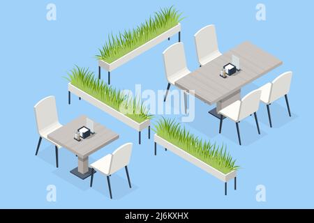 Isometric Fast Food Court, Restaurant Interior, Catering, Shopping Mall Stock Vector