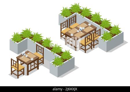 Isometric Fast Food Court, Restaurant Interior, Catering, Shopping Mall Stock Vector