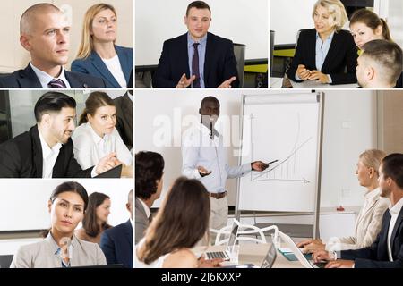 Screen of video call between diverse people managers Stock Photo