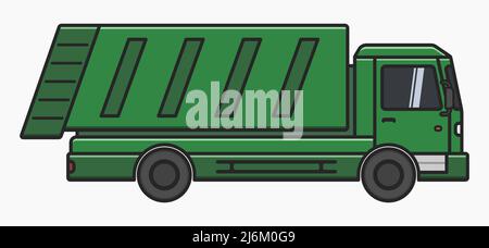 green city dump garbage truck side view vector flat illustration Stock Vector