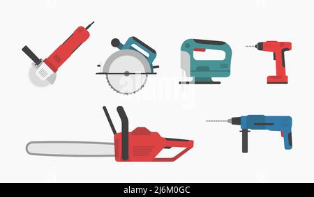 power tools circular chainsaw screwdriver drill shape color icons set vector flat illustration Stock Vector