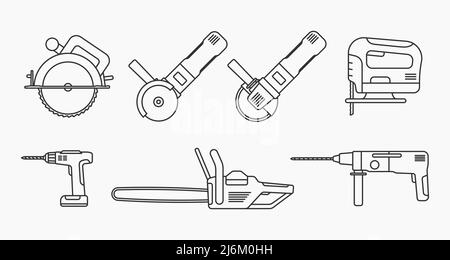 power tools circular chainsaw screwdriver drill line icons set vector flat illustration Stock Vector