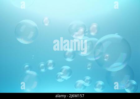 Blue bubbles, floating in the air, blue background Stock Photo