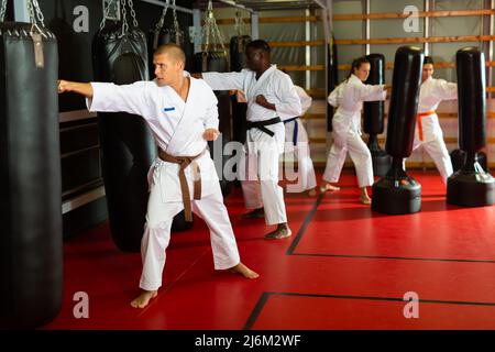 Portrait of concentrated man in kimono practicing powerful body punches on heavy punchbag during workout Stock Photo