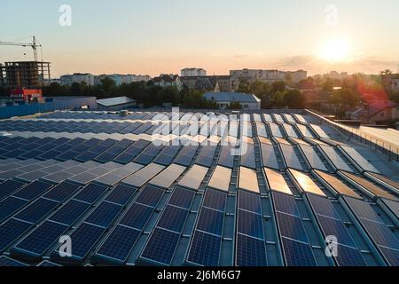 Blue photovoltaic solar panels mounted on building roof for producing clean ecological electricity at sunset. Production of renewable energy concept Stock Photo