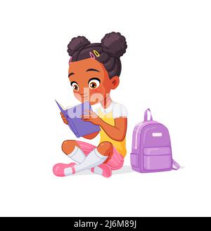 Cute little girl book lover enjoys reading big books and novels. Cartoon  style Bibliophile Illustration for Graphic Novels Stock Vector Image & Art  - Alamy