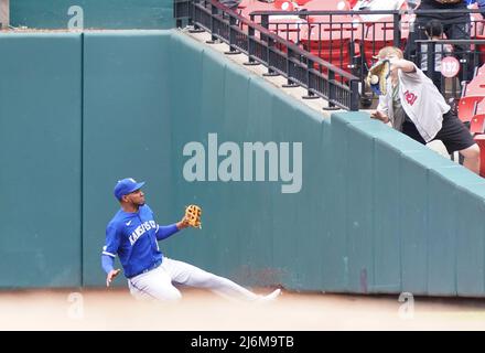 St. Louis, United States. 03rd May, 2022. Kansas City Royals Edward Olivares slides in right field in an attempt for a foul ball off the bat of St. Louis Cardinals Andrew Knizner as a young fan makes the grass, in the third inning at Busch Stadium in St. Louis on Monday, May 2, 2022. Photo by Bill Greenblatt/UPI Credit: UPI/Alamy Live News Stock Photo