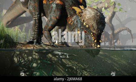 Pachycephalosaurus, dinosaur  drinking at a waterhole Stock Photo
