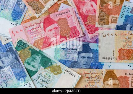 Pakistan currency banknotes set or paper money background Stock Photo