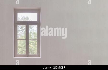 Interior retro wooden tall glass window. White classy closed window with knob on house wall background, front view, copy space Stock Photo