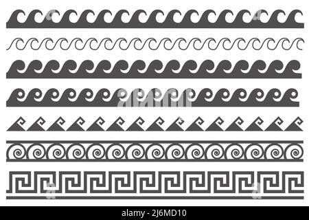 Greek style seamless frames. Geometric border set. Vector ornament pattern. Mediterranean decor elements with waves Stock Vector