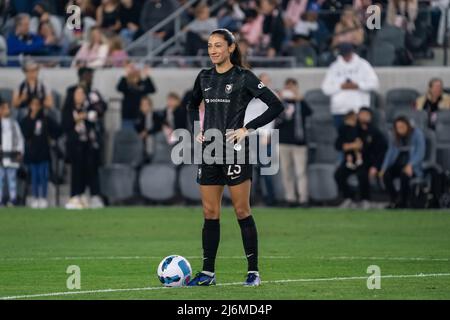 Angel City FC forward Christen Press (23) awaits the opening kickoff during an inaugural NWSL match against the North Carolina Courage, Friday, April Stock Photo