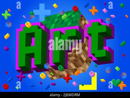 Art. Pixelated word with geometric graphic background. Vector cartoon illustration. Stock Vector