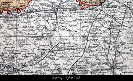 Detail from an 1868 Map of the County Palatine of Lancaster, so Lancashire as it was then, From the Ordnance Survey by J. Bartholomew F.R.G.S.; this section showing mainly Cheshire, including Macclesfield, Altrincham, Knutsford, Poynton, Cheadle, Stock Photo