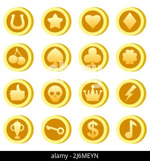 Game icons with heart, lightning, key, crown, gold cup and star