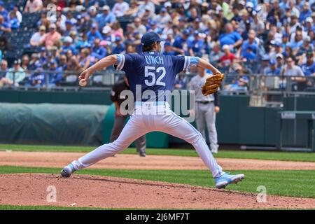 May 1 2022: Kansas pitcher Daniel Lynch (52) throws a pitch during the ...