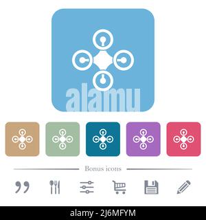 Drone top view solid white flat icons on color rounded square backgrounds. 6 bonus icons included Stock Vector