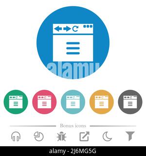 Browser options flat white icons on round color backgrounds. 6 bonus icons included. Stock Vector