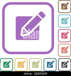 Editing box with pencil solid simple icons in color rounded square frames on white background Stock Vector