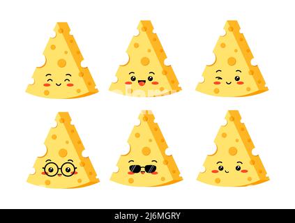 Triangle cheese with hole slices emoji vector set isolated on white background. Stock Vector