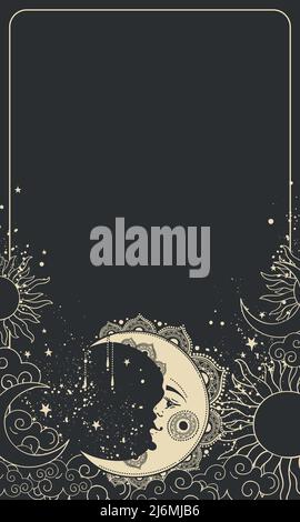 Vintage boho card crescent moon with face on black background, hand drawn astrological tarot illustration. Vector flyer with copyspace, mystical blank Stock Vector