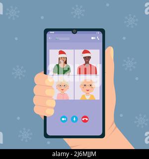 Christmas online party. People celebrating new year, happy friends on video chat. Man woman with champagne confetti gift vector illustration Stock Vector